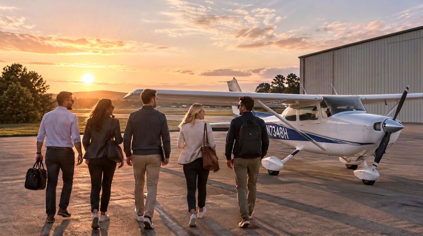 Grupo de compañeros caminando hacia una Cessna 172 en un aeródromo al atardecer